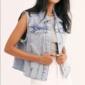 Free People Womens Distressed Acid Wash Raw Boho Retro Sleeveless Denim Vest